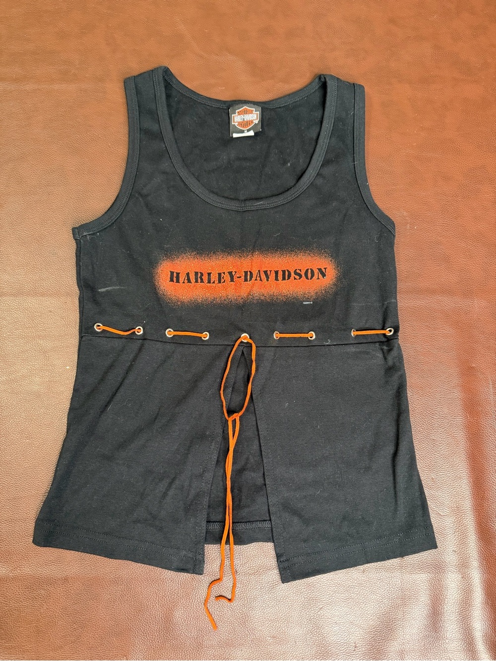 Harley-Davidson women’s cinched Black Tank Top with Orange Accent